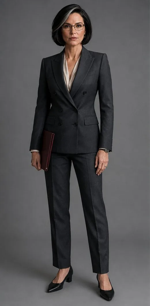 Elvina, the hiring and training lead, standing in a graphite suit with a burgundy folder