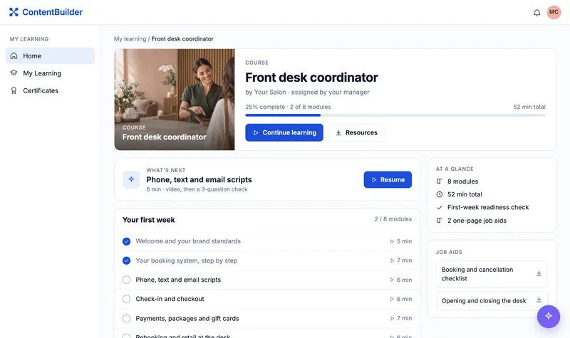 ContentBuilder: the front desk course a new hire opens, with its modules and job aids