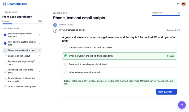 ContentBuilder: a knowledge check question built from the salon rebooking policy