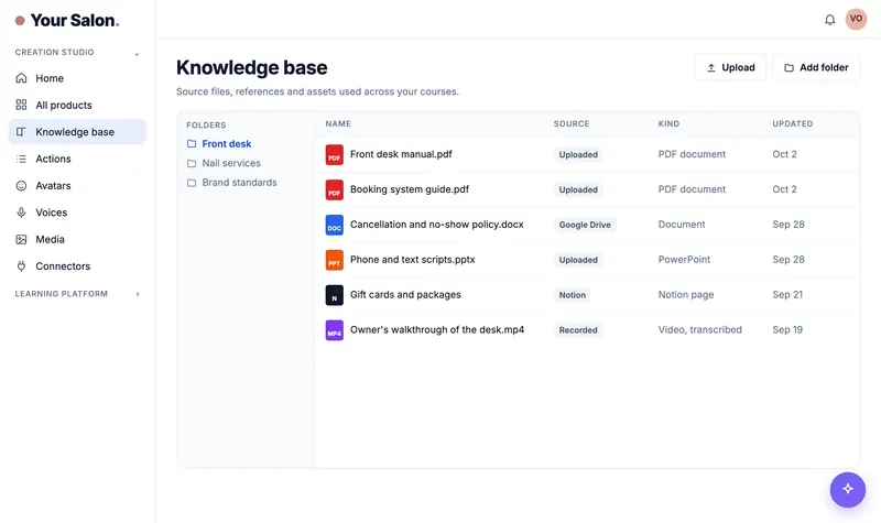 ContentBuilder knowledge base with the desk manual, policies, scripts and a recorded walkthrough