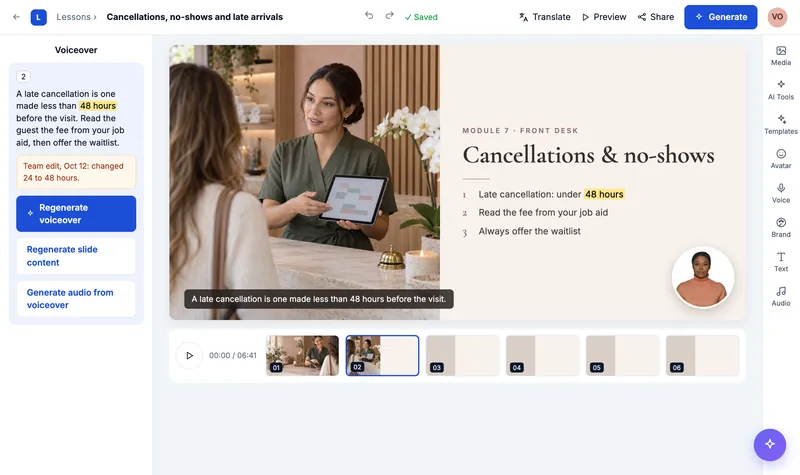 ContentBuilder lesson editor: the cancellation lesson after the change from 24 to 48 hours