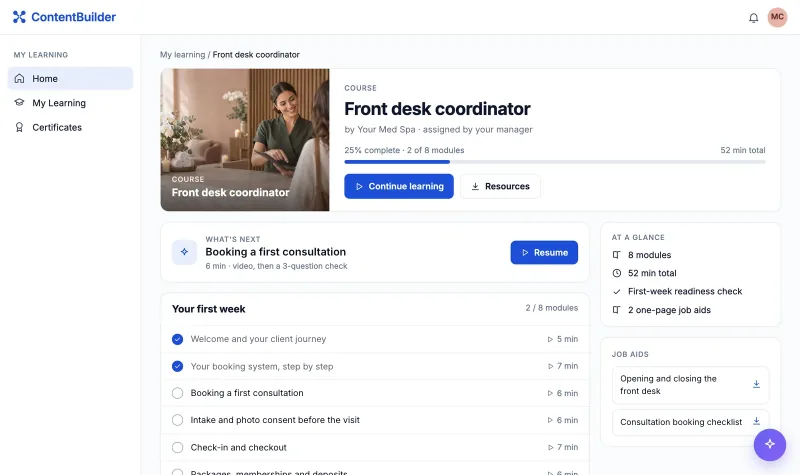 ContentBuilder: the front desk coordinator course a new hire opens, with its modules and job aids