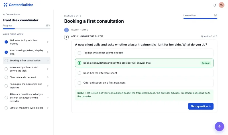 ContentBuilder: a knowledge check question where a treatment question goes to the provider