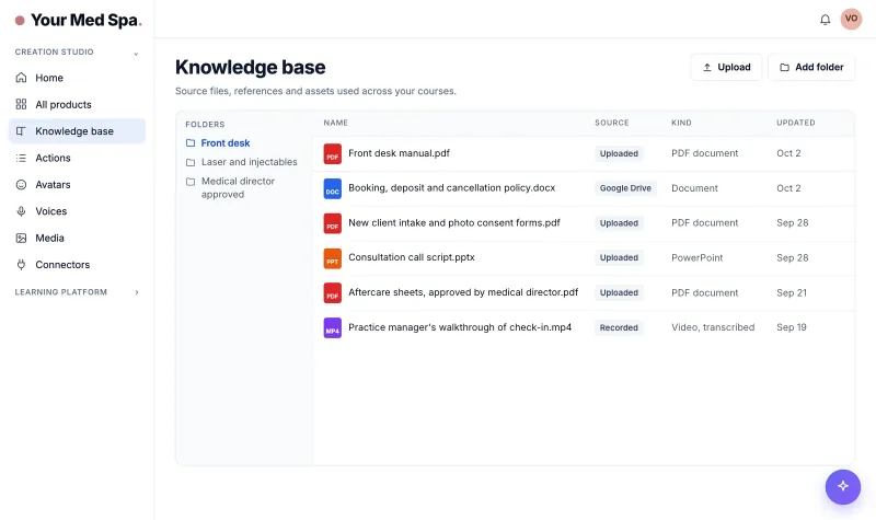 ContentBuilder knowledge base with the front desk manual, booking and deposit policy, intake and consent forms and approved aftercare sheets